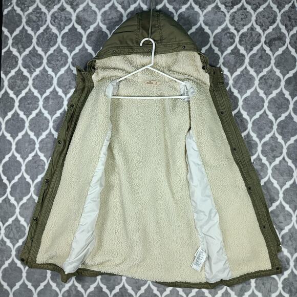 Hollister Olive Green Sherpa Lined Coat Women Medium Hooded Parka Jacket Y2K - Picture 5 of 9